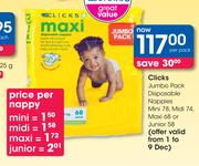 Clicks Jumbo Pack Disposable Nappies Mini-78's, Midi-74's, Maxi-68's Or Junior-58's-Per Offer