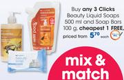 Clicks Beauty Liquid Soaps 500ml And Soap Bars 100g-Each