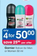 Garnier Roll On For Men Or Women-4 x 50ml