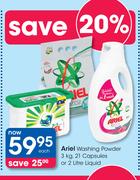 Ariel Washing Powder 3Kg, 21 Capsules Or 2Ltr Liquid-Each