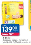 Clicks Disposable Nappies Jumbo Pack Mini 72, Midi 74, Maxi 66 Or Junior 54-Per Pack
