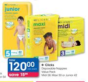 Clicks Disposable Nappies Value Pack Midi 58, Maxi 50 Or Junior 42-Per Pack