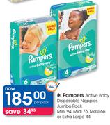 Pampers Active Baby Disposable Nappies Jumbo Pack Mini 94, Midi 76, Maxi 66 Or Extra large 44-Per Pa