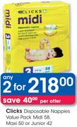 Clicks Disposable Nappies Value Pack Midi 58, Maxi 50 Or Junior 42-Any 2