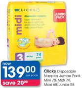 Clicks Disposable Nappies Jumbo Pack Mini 78, Midi 74, Maxi 68, Junior 58-Per Pack