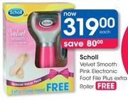 Scholl Velvet Smooth Pink Electronic Foot File+ Free Extra Roller-Each