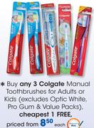 Colgate Manual Toothbrushes For Adults Or Kids(Excludes Optic White,Pro Gum & Value Packs)-Each