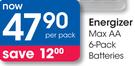 Energizer Max AA 6 Pack Batteries-Per Pack