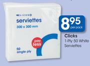 Clicks 1-Ply 50 White Serviettes-Per Pack