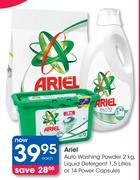 Ariel Auto Washing Powder-2Kg,Liquid Detergent-1.5Ltr Or Ariel 14 Power Capsules-Each