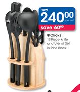 Clicks 12-Piece Knife And Utensil Set In Pine Block-Per Set