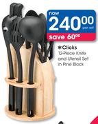 1 Clicks 12-Piece Knife And Utensil Set In Pine Block-Per Set