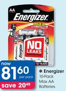 Energizer 10 Pack Max AA Batteries-Per Pack