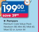 Pampers Premium Care Value Pack Newborn 88, Mini 80, Midi 60, Maxi 52 Or Junior 44-Per Pack