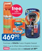 Gillette Fusion Proglide Flexball Razor 1-Up & 4 Pack Manual Blades & Free HydraGel-200ml