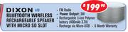 Dixon Bluetooth Wireless Rechageable Speaker With Micro SD Slot A10