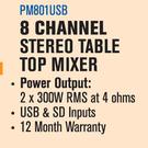 Dixon 8 Channel Stereo Table Top Mixer PM801USB
