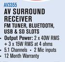 Dixon AV Surround Receiver FM Tuner, Bluetooth, USB & SD Slots AV3355