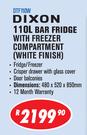 Dixon 110Ltr Bar Fridge With Freezer Compartment White Finish DTF110W