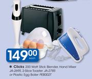Clicks 200 Watt Stick Blender, Hand Mixer JA-2695, 2-Slice Toaster JA-2785 orPlastic Egg Boiler-Each