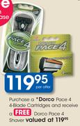 Dorco Pace 4 4-Blade Cartridges+ Free Dorco Pace 4 Shaver-Per Offer