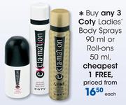Coty Ladies Body Sprays 90ml Or Roll-ons 50ml-Each