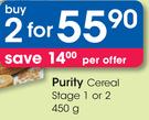 Purity Cereal Stage 1or2 -2x450gm