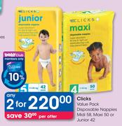 Clicks Value Pack Disposable Nappies Midi 58, Maxi 50 or Junior 42-2 Pack Per Offer