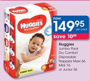Huggies Jumbo Pack Dry Comfort Disposable Nappies Maxi-66's, Midi-76's Or Junior-56's