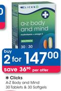 Clicks A-Z Body And Mind 30 Tablets & 30 Softgels-2 Packs