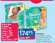Pampers Active Baby Jumbo Pack Mini 94,Midi 76,Maxi 66,Junior 52,XL 44 Or Maxi Plus 62-Per Pack