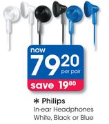 Philips in-ear Headphones White, black Or Blue-Per Pair