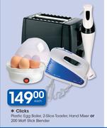 Clicks Plastic Egg Boiler, 2 Slice Toaster, Hand Mixer Or 200 Watt Stick Blender-Each