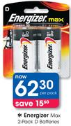 Energizer 2 Pack Max D Batteries-Per Pack