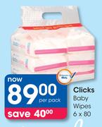 Clicks Baby Wipes-6 x 80's Per Pack