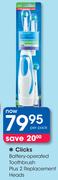 Clicks Battery-Operated Toothbrush+ 2 Replacement Heads-Per Pack
