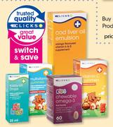 Clicks Supplements,Omega Chews,Gummies,Kiddy-Vit Drops,Cod Liver Oil Emulsion & VitaminC Gummis-Each