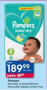 Pampers New Baby Or Active Baby Dry Disposable Nappies Jumbo Pack-Per Pack