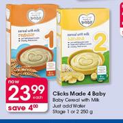 Clicks Made 4 Baby Baby Cereal With Milk Just Add Water Stage 1 Or 2-250g Each