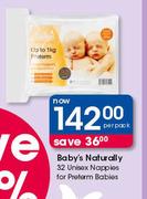 Baby's Naturally 32 Unisex Nappies For Preterm Babies-Per Pack