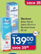 Sterimar Baby Nasal Spary 50ml Or Blacked Nose-50ml Each