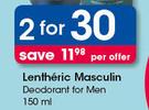 Lentheric Masculin Deodorant For Men-2 x 150ml