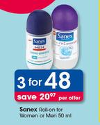 Sanex Roll On For Women Or Men-3 x 50ml