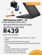 Dell Inspiron 3567-i3+Microsoft Office 365, Microsoft Wireless Mouse, Philips Headphone & Legion Bag