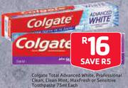 Colgate Total Advanced White, Professional Clean, Clean Mint, MaxFresh Or Sensitive Toothpaste-75ml 