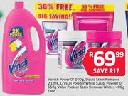 Vanish Power O2-500g, Liquid Stain Remover 2Ltr, Crystal Powder White-520g, Powder O2-650g 