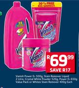 Vanish Power O2-500g,Stain Remover Liquid-2Ltr,Crystal White Powder-520g,Power O2-650g Value Pack 
