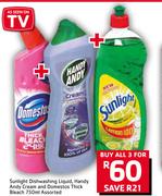Sunlight Dishwashing Liquid, Handy Andy Cream & Domestos Thick Bleach Assorted-750ml-For 3