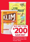 Nestle Nespray Or Klim Full Cream Instant Milk Powder-2 x 900g