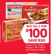 Country Fair Chicken Burgers, Mini Fillets & Chippies-3 x 400g